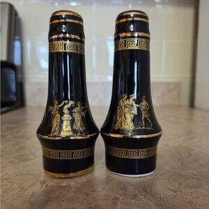 Neofitou Hand Made Greece 24K gold-trimmed salt and pepper shakers.